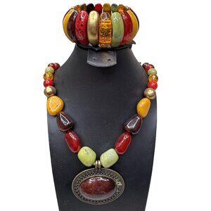 Chunky Boho Multicolor Resin Plastic Bead Stretch Bracelet Necklace Set Pendant